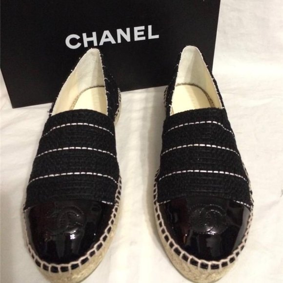 CHANEL 15S 2015 Classic Tweed Patent Cap Toe CC Logo Espadrilles Flats Shoes - Picture 4 of 11